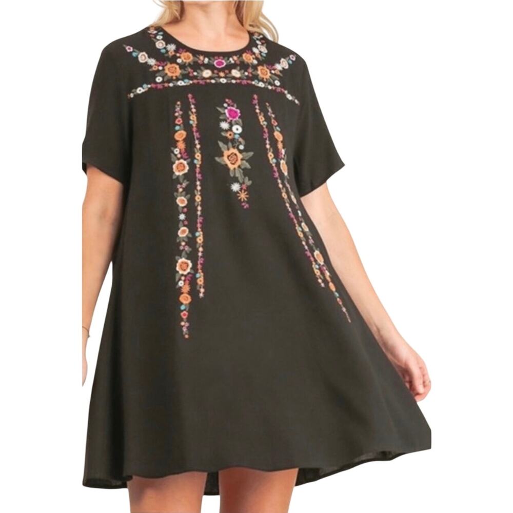 UMGEE Women’s Boho Black Embroidered Floral Mini Dress Large